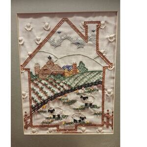 Vtg counted cross stitch of a country farm,w/sheep/crops w/farmhouse/barn Framed